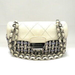 Chanel Chain Shoulder Bag Tweed Leather Multicolored White Double